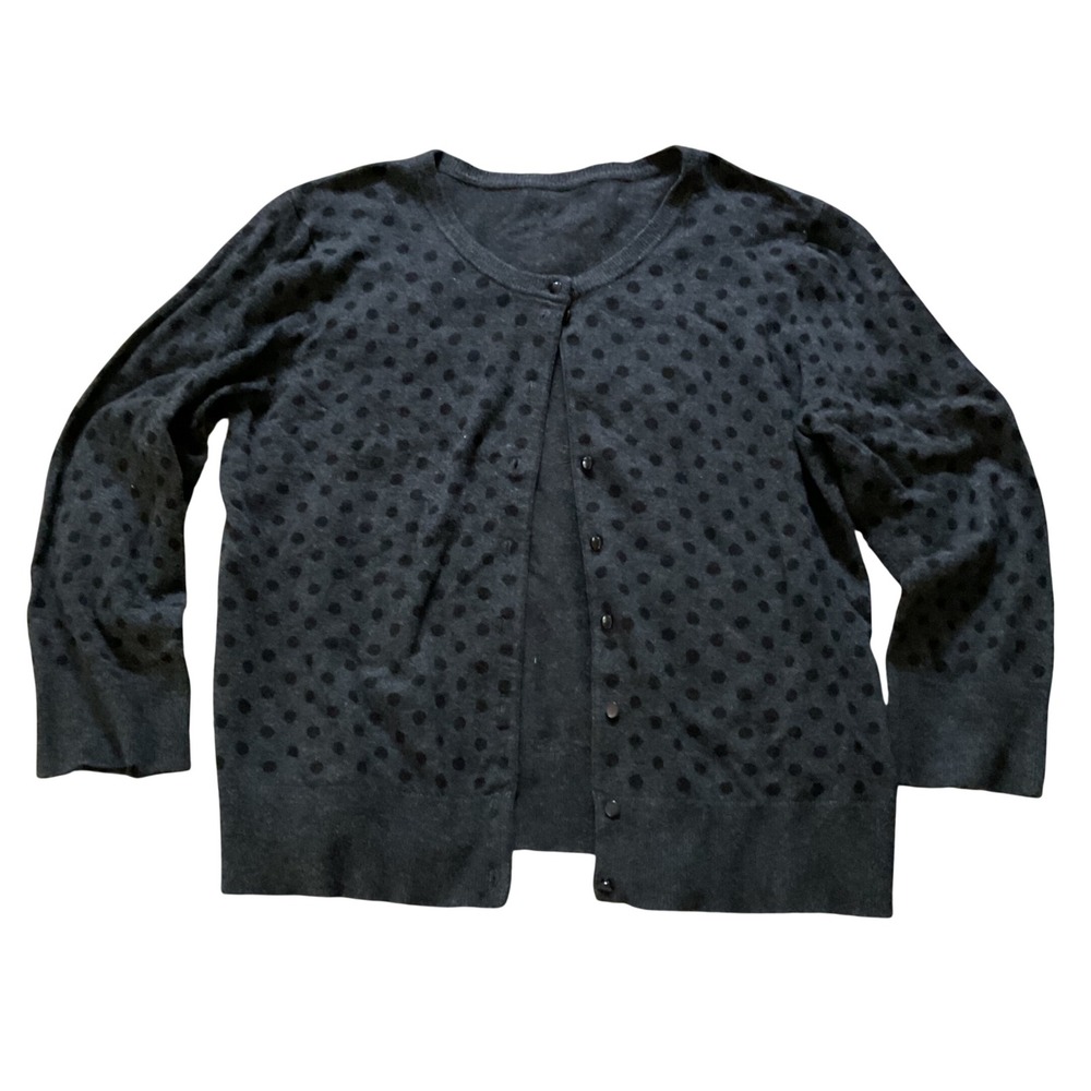 Womens Polka Dot Cardigan Sweater Charcoal Grey Black Flocked Dots Crew Neck